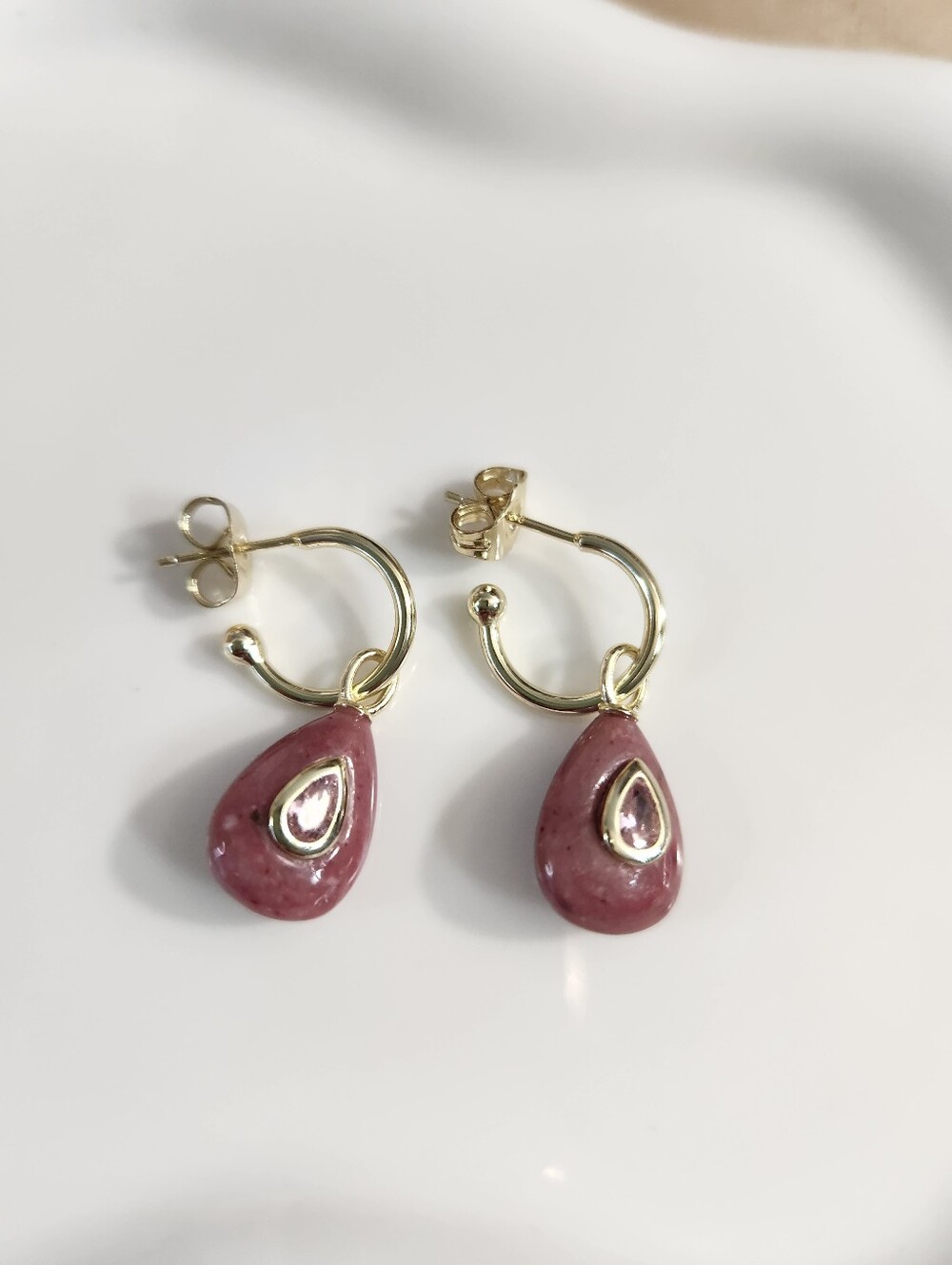 18k Gold Plated Rhodonite Hoop Earrings
